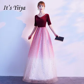

It's Yiiya Evening Dress Burgundy Gradient Sequined Formal Party Gowns Scoop Colloar Elegant Half Sleeve Evening Dresses k261