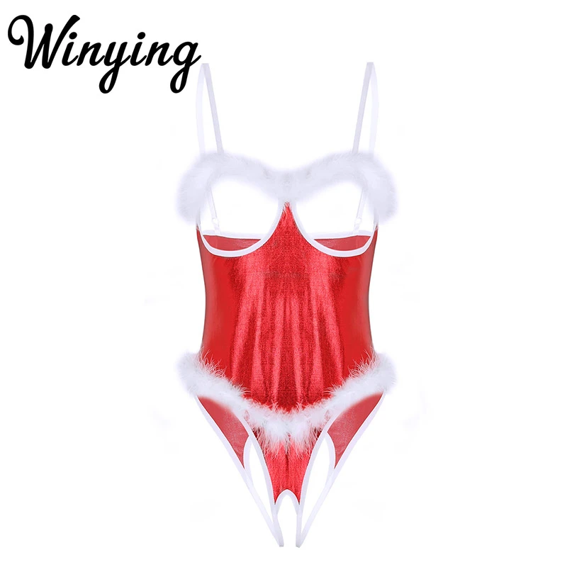 Lencería de Navidad metálica roja para mujer, ropa de dormir Sexy con adorno de plumas, Copa Abierta, de peluche sin entrepierna, ropa interior erótica de Navidad|Camisones y bodis| AliExpress