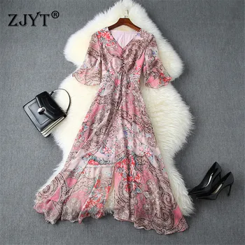 

Summer Clothes for Women Bohemian Style Fashion 2020 New Elegant Flare Sleeve V Neck Retro Print Midi Chiffon Beach Dresses