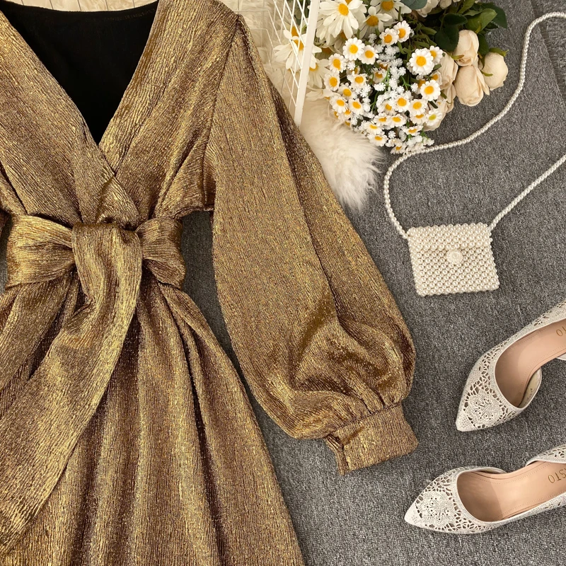 Foamlina осеннее модное сексуальное женское платье с v-образным вырезом и длинным рукавом-фонариком Золотое блестящее элегантное женское платье для рождественской вечеринки Vestidos