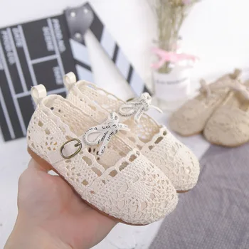 

Bow Design Hollow Fabric Hasp Style Princess Lace Shoes Breathable Soft Fashion Girls Sandals Children's Knitted Shoes ZL986