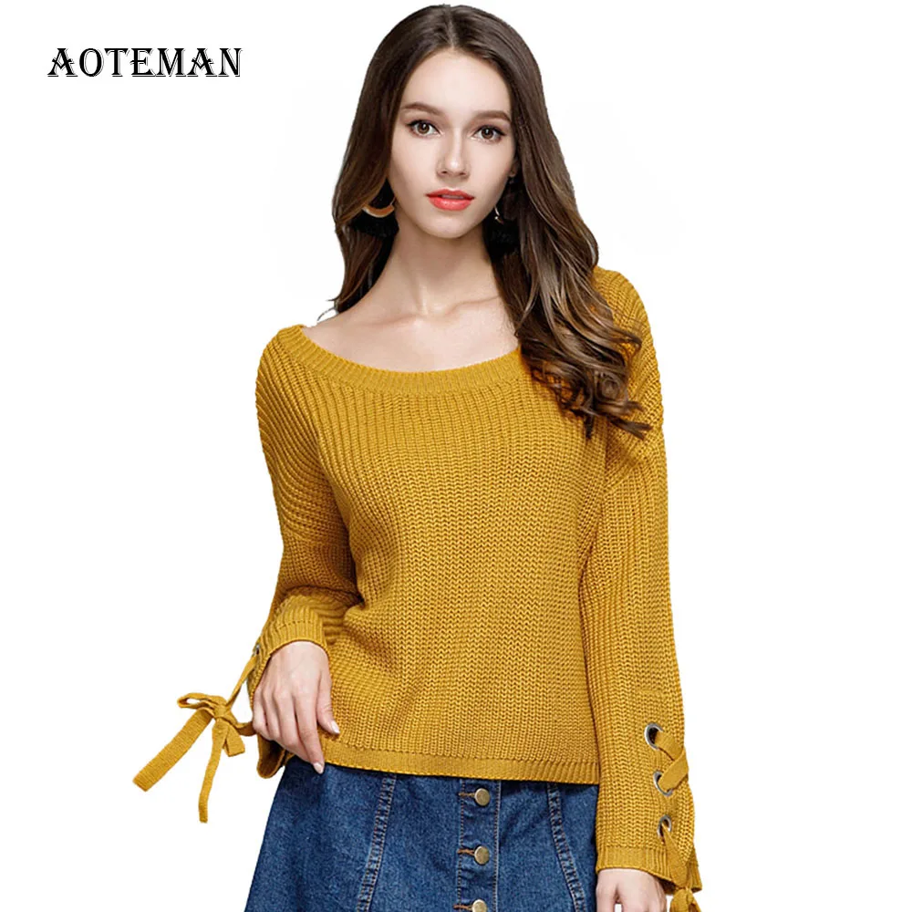 

Autumn Winter Sweater Women 2019 Loose Solid Oversized Bandage Long Sleeve Sweater Casual Thick O Neck Pullover Knitted Sweaters