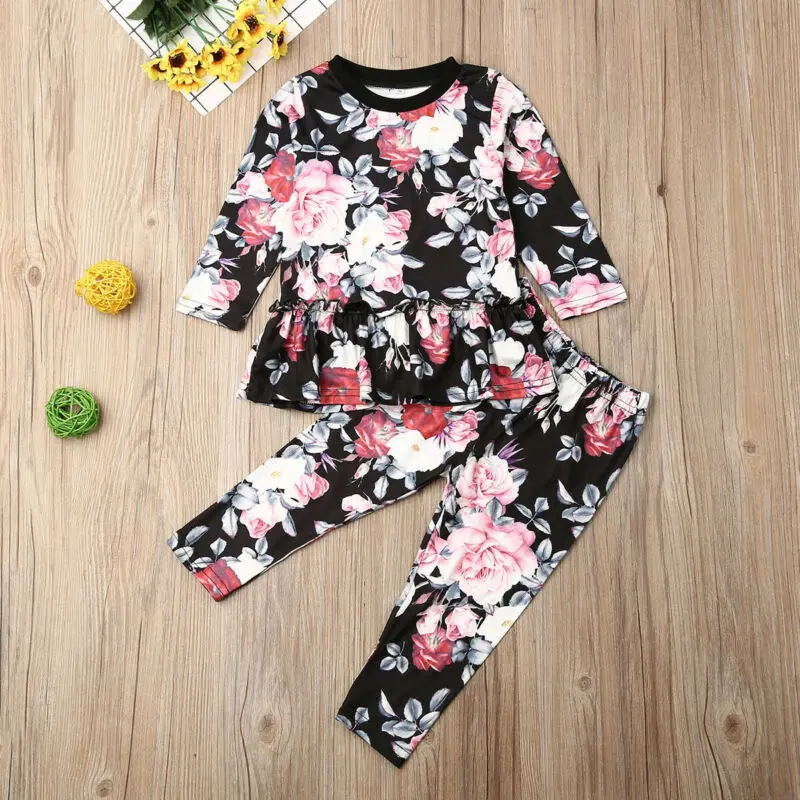 Одежда с цветочным рисунком для маленьких девочек футболка с длинными рукавами туника с оборками+ длинные штаны Осенняя детская одежда, От 1 до 6 лет