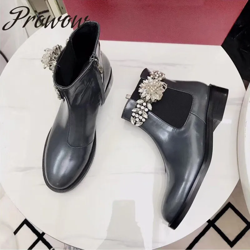 

Prowow New Genuine Leather Crystal Floral Ankle Boots Round Toe Zip Side Low Heel Autumn Winter Boots Shoes Women