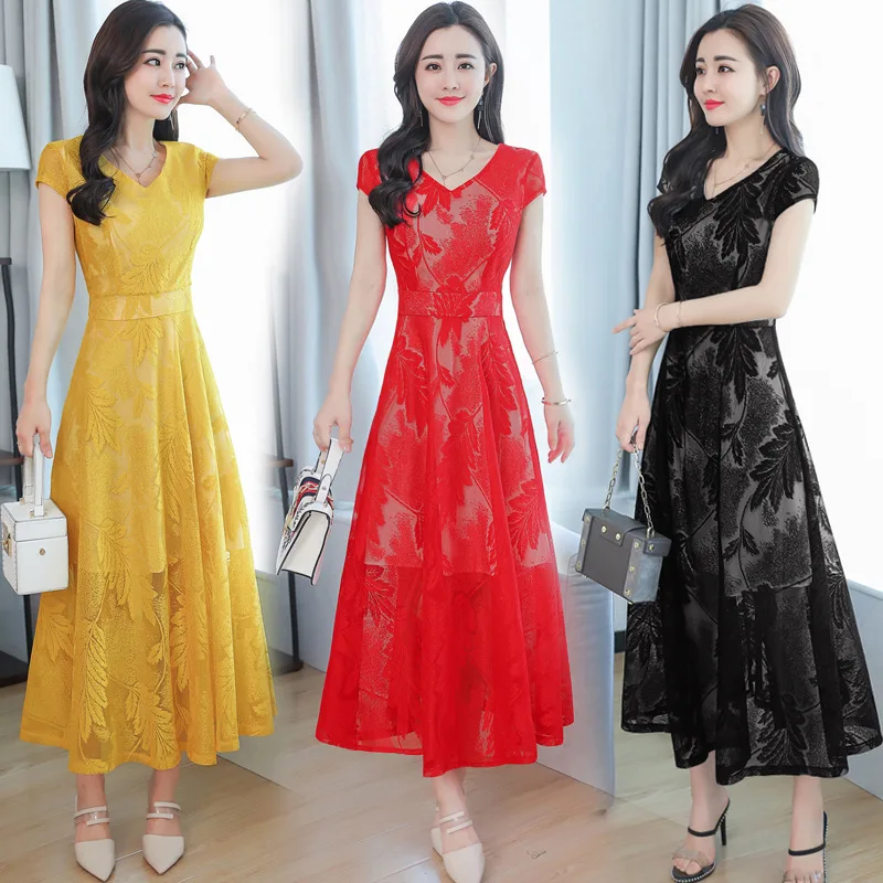 

2018 Summer New Style Women's Debutante Elegant Korean-style Waist Hugging Short Sleeve over-the-Knee Long Lace Dress Fashion