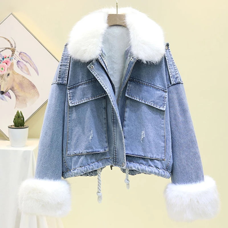 

Winter Warm Lamb Coat Big Pocket Denim Jacket For Women Vintage Long Sleeve Coat Thicken Large Fur Loose Parka
