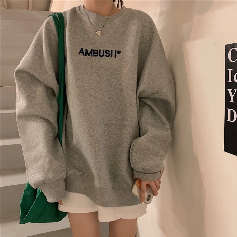 Small Letter Gray Hoodies Long Sleeve Sweater Women's Spring And Autumn 2021 New Loose BF Lazy Medium Length Top | Женская одежда