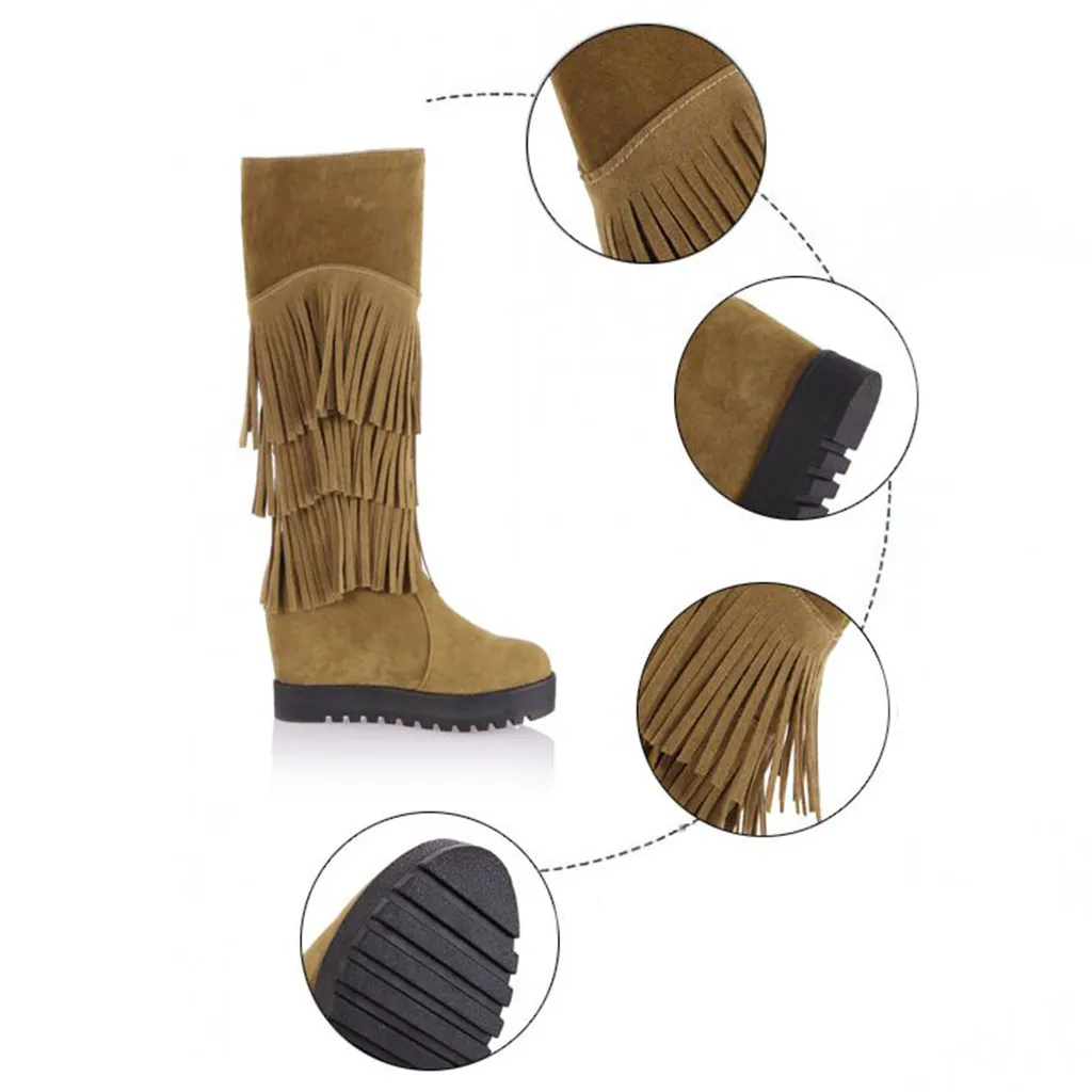 SAGACE Western Long Tassel Boots Women Winter Knee-High Boot Lady Vintage Rome Style Low Heel Shoes Suede Fringe Knight Botas