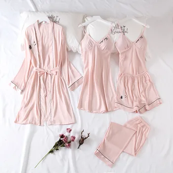 

Casual Embroidery Bride Bridesmaid Wedding Robe Set Kimono Bath Gown Satin Soft Homewear Suit SEXY Lady 5PCS Sleepwear Nightgown