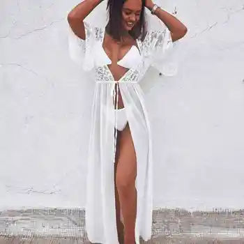 

Bikini Cover up Solid Hollow out Beach Dress Summer Chiffon Swimwear Women Long Sleeve Bathing Suit Cover up Sexy Swimsuit tunic
