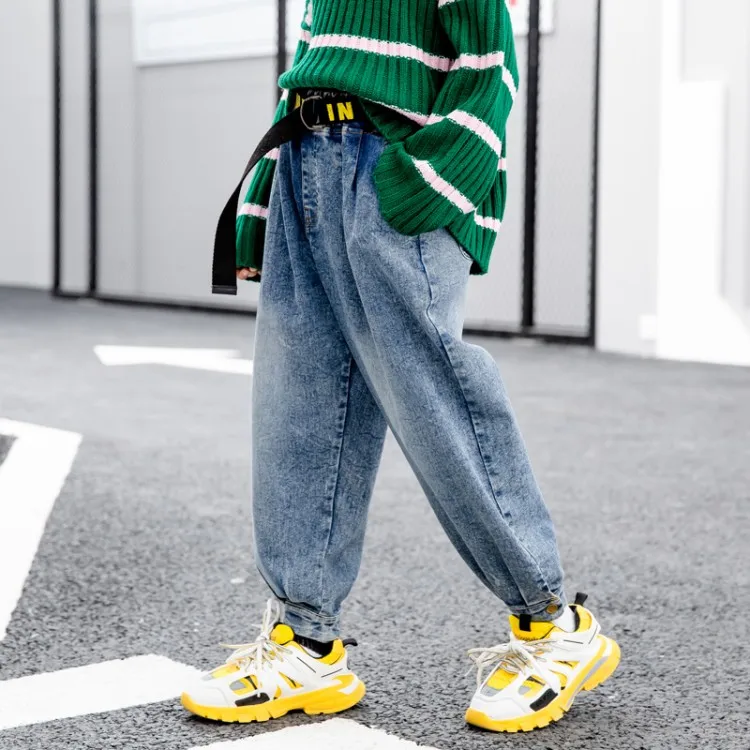

HziriP 2020 Spring Girl Denim Pants Solid Loose Kids Jeans Elastic High Waist Student Casual Trousers For Teenagers 4-17 Years