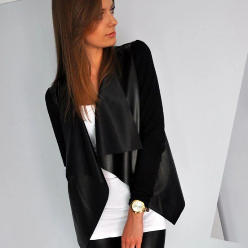 Женский кардиган куртка Модный черный из искусственной кожи в стиле пэчворк