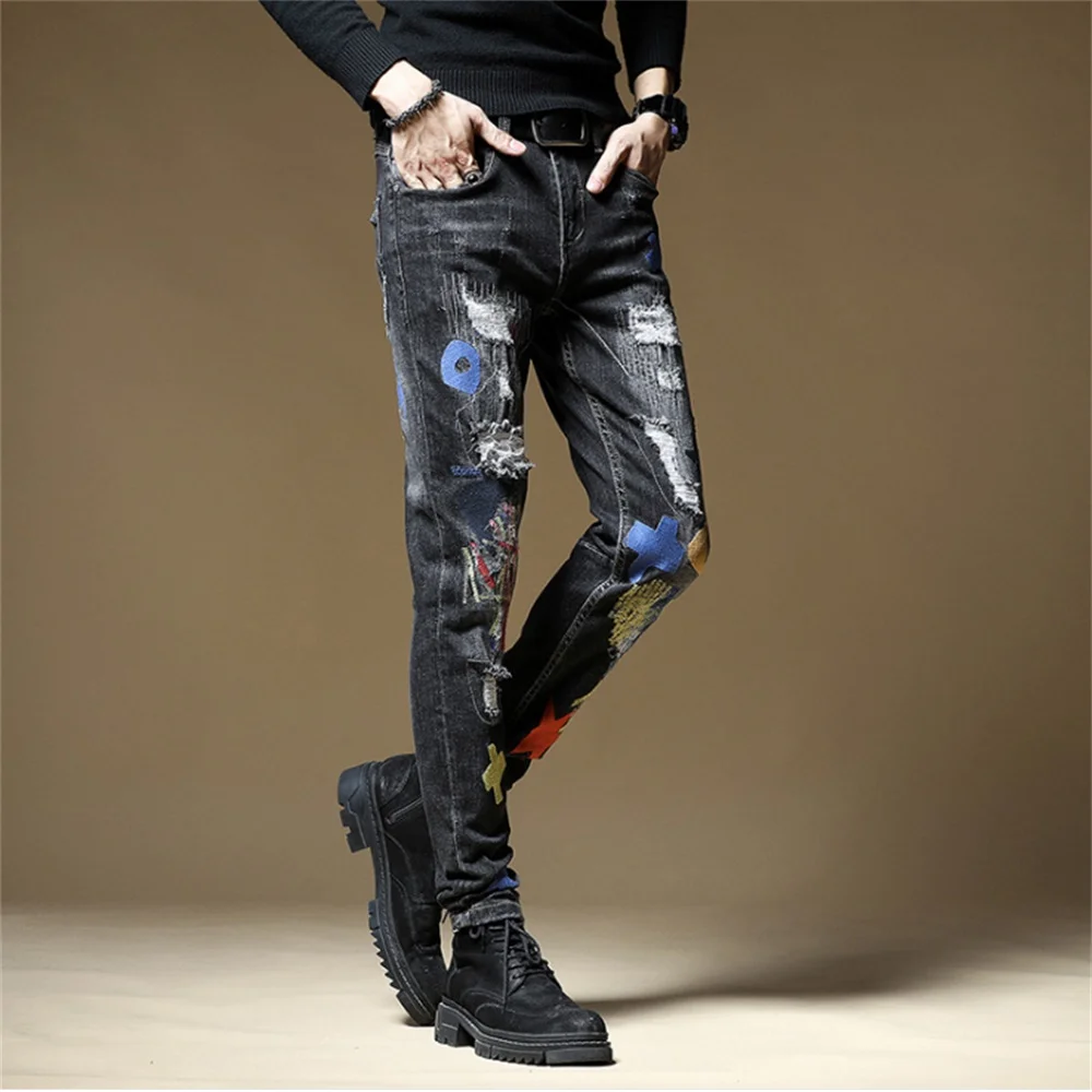 EH·MD® Hole Ripped Jeans Men's Season Five-Pointed Star Embroidery Splashed Ink Soft Casual Slim Cotton Elastic Pants Scratched