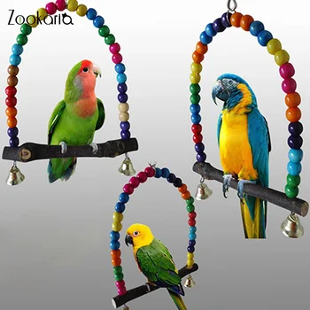1PC Natural Wooden Parrots Swing Toy Birds Colorful Beads Bird Supplies Bells Toys Perch Hanging Swings Cage for Pets 1