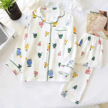 

Cute Women's Pajamas Turn-down Collar Cotton Casual Home Pijamas Set Students' Nightwear Loose Lovely Cartoon Home Clothing