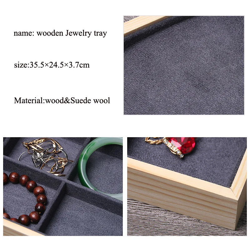 New Wooden Earrings Rangement Packaging Jewellery Display Deep Gray Suede Nap Necklace Ring Jewelry Tray Jewellery Box Organizer