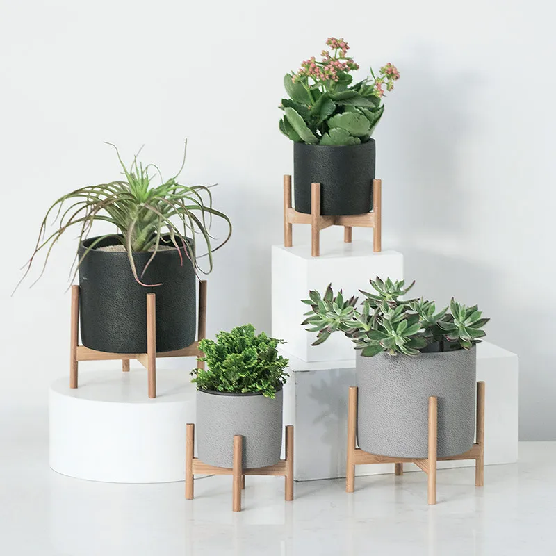 

Desktop Planter , Large Nordic Cement Vase Solid Wood Stand Holder for Succulent Cactus Flower Pot Planter Office Home Decor Art