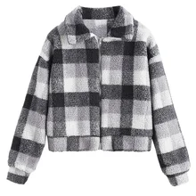 ZAFUL пальто в клетку из искусственного меха для женщин Осень Зима Пушистый Плюшевый жакет верхняя одежда с длинным рукавом отложной короткий элегантный женский топ