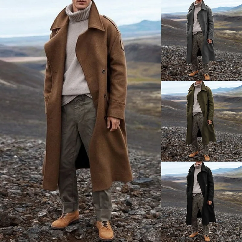 Gabardina larga holgada informal para hombre, abrigo largo clásico de color caqui, ropa de calle, otoño e invierno, nueva