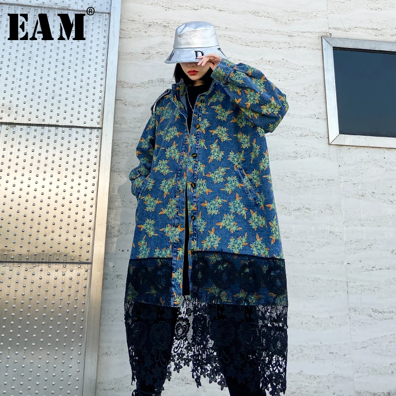 

[EAM] Women Black Lace Denim Big Size Long Trench New stand collar Long Sleeve Loose Fit Windbreaker Fashion Spring 2020 1R663