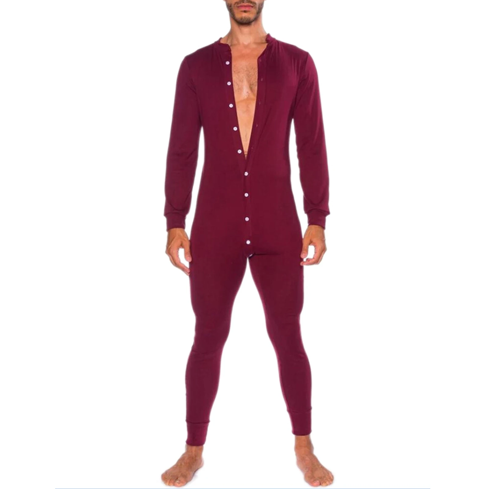 Men Home Clothes Autumn Long Leisure Wear Male Leisure Style Round Collar Long Sleeve Single-breasted Jumpsuit Nightwear Set satin pajamas Men's Sleep & Lounge