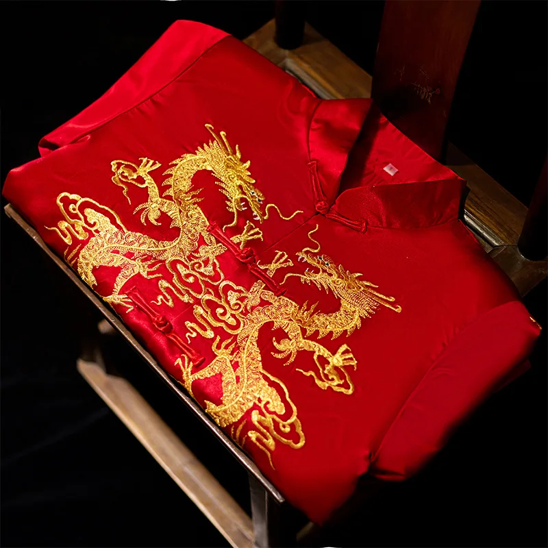 Мужской красный cheongsam тост костюмы жениха платье куртка длинное платье Традиционный китайский стиль свадебное Qipao для мужчин вышивка Тан костюм