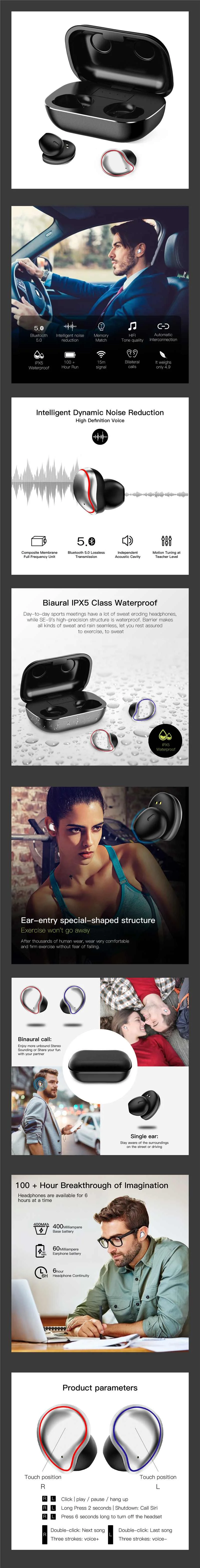 Bakeey SE-9 bluetooth 5,0 наушники беспроводные TWS наушники бинауральные HiFi Handsfree Touch Водонепроницаемая гарнитура для Xiaomi