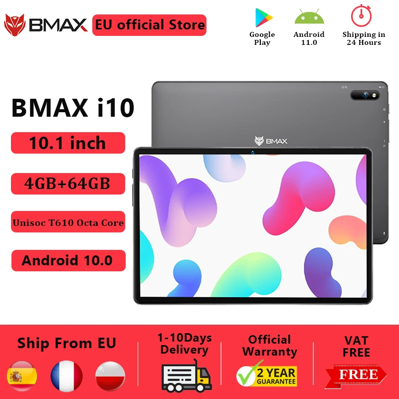 BMAX Tableta i10 10,1, Tablet con Android 10, llamadas telefónicas, 1920x1080, T610, ocho núcleos, 4GB de RAM, 64GB de ROM, red 4G, Puerto tipo c, PC, Wifi Dual