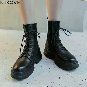 

NIKOVE 2021 Cow Leather Knitting Ankle Boots Square High Heel Lace Up Short Boots Casual Round Toe Women Shoes Size 34-41