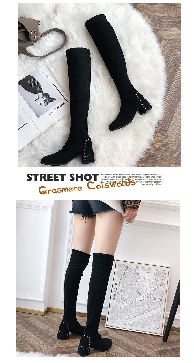 Rivet Decoration Black Over The Knee Boots Women 6 Cm High Heel Womens Long Boots Winter Keep Warm Slim Thigh High Boots Ladies