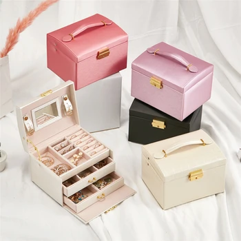 

JWWWBOX 5 Colors PU Leather Jewelry Box Luxury Three Layers Two Drawers Women Girls Jewelry Storage Box Organizer Gifts JWBX06