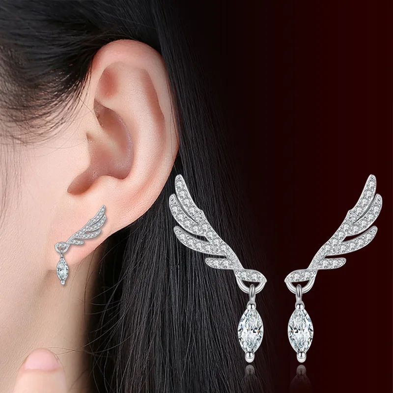 925 Sterling Silver Stud Earrings Angel Wings Design Zircon Earring For Women 2020 New Fashion Korea Jewelry Kolczyki | Украшения и
