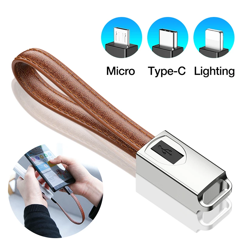 

Portable Keychain Cable Type C Micro USB Short Cord For Xiaomi Huawei Fast charger Wire For iPhone X XS Leather Key Chain Cables
