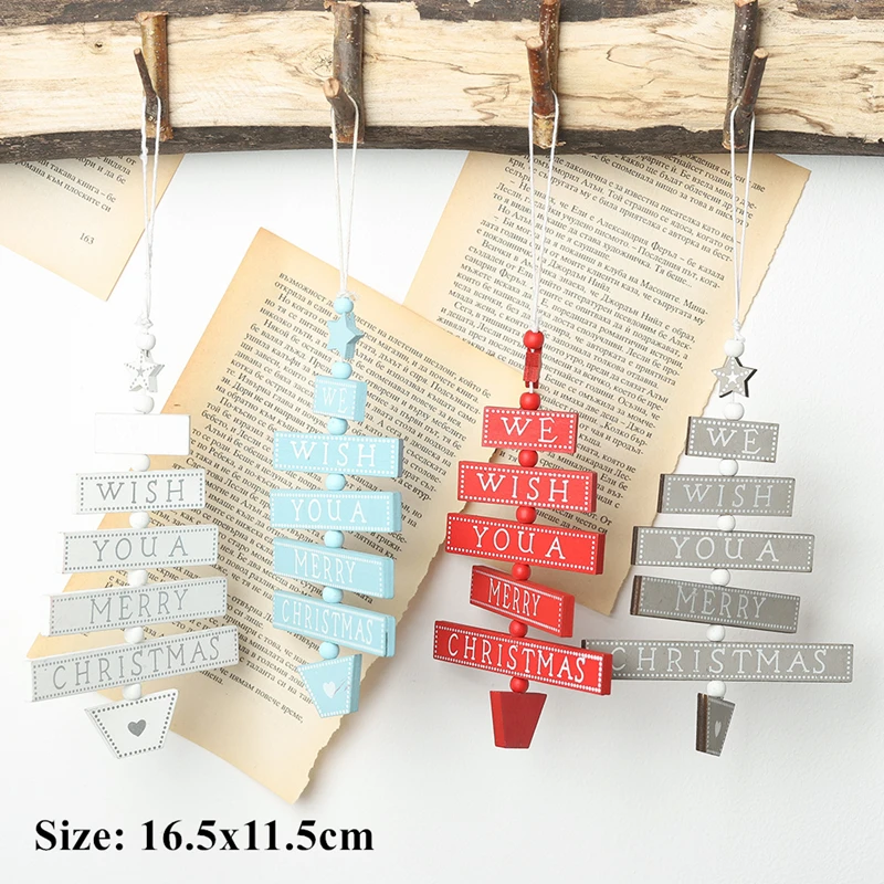 Creative Painted Wooden Christmas Tree Hanging String Christmas Pendant Window Display Ornaments Xmas Party Decors Kids Gift Toy