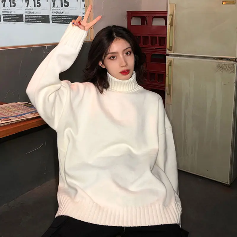 

Korean solid color thickened high neck sweater female students' winter lazy wind loose Pullover knitted coat versatile top
