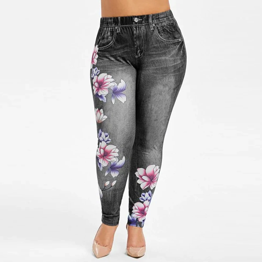 Imitation Denim Pants Women Large Size Flower Print Skinny Jeans for Woman Fashion Lady Mid Waist Jean Pencil Trousers D30