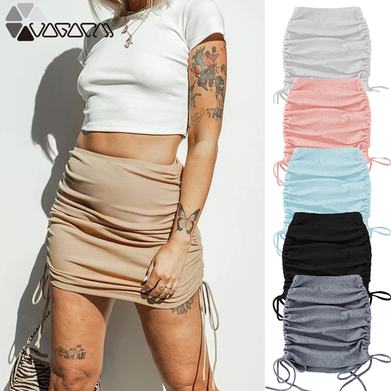 

2020 Woman Sexy Skirts Autumn Knitted Thread Side Drawstring Elastic Pleated Y2K Adjustable Mini Skirt Streetwear