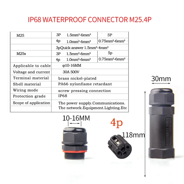 IP68 Waterproof Connector 2 Pin 3 Pin 4 Pin 5 Pin Electrical Terminal Adapter Wire Connector Screw Pin connector LED Light pin M25 4p