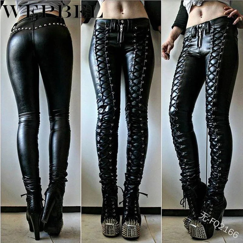 

WEPBEL Autumn Casual Mid-Waist Skinny Pencil Pants Women's Sexy Strap Rivet Solid Color Pants