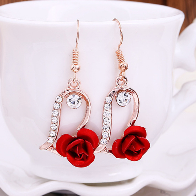 Fashion Jewelry Red Rose Drop Earrings Women Vintage Rhinestone Flowers Dangle Earring Weddings Engagement Party Jewelry