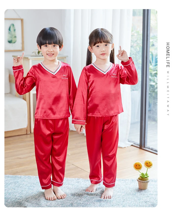 Шелковая пижама, костюм для детей, Soild, пижама с длинными рукавами для девочек, комплект детской одежды унисекс с v-образным вырезом, атласный рождественский пижамный комплект для мальчиков - Цвет: CT hui T V red