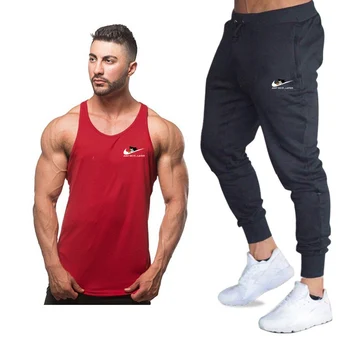 

2019 Sport Suit Men Tank top + pants Sports Suits Gym sportswear Mens Autumn Fitness Tracksuits Running Set Jogging Tracksuit