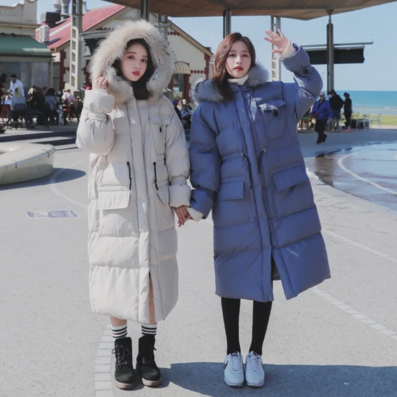 

Photo Shoot INS Drawstring Waist Hugging Lace-up Three-Color Large Fur Collar down Cotton down Coat Elegant over-the-Knee Long C