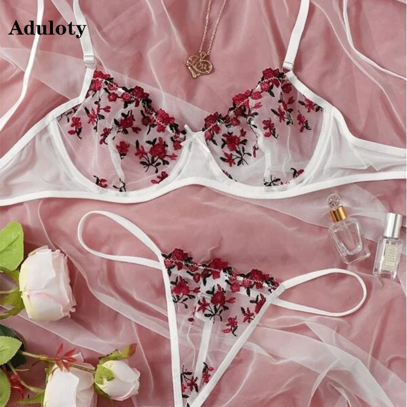 bra and panty sets New women's lace embroidered underwear underwire gather bra and panty set thin mesh see-through sexy erotic lingerie thong set sexy bra set