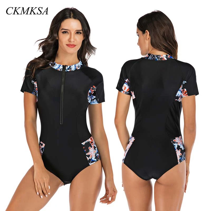 

2019 New Rash guard One Piece Surfing Swimwear Women Short Sleeve Swimsuit Bodysuit Sport Surf Suit Zip Up Plus Size Monokini XX
