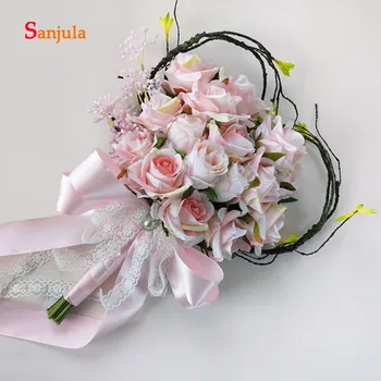 

Light Pink Artificial Rose Flowers Hand Flower for Bridal Rattan Sweetheart Shape Gorgeous Wedding Bouquet gelin buketi WB38