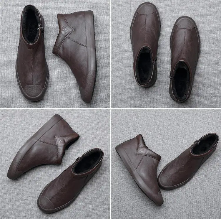 Коричневый winter new men fashion simple high tops warm plush leather boots casual shoes short boots - Цвет: Коричневый