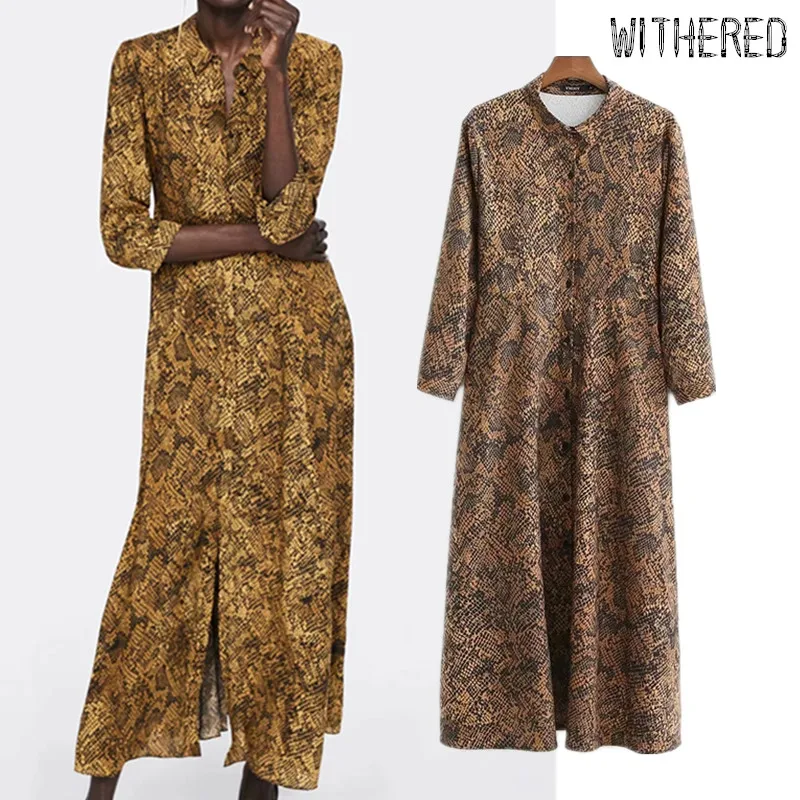 

Withered autumn england elegant Serpentine printing party dress women loose vestidos de fiesta de noche vestidos maxi dress