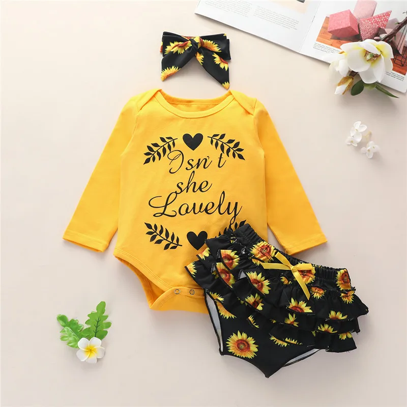 

Baby Girl Fall Outfits, Long Sleeve Crewneck Romper Bodysuit + Floral Ruffle Shorts Clothes Set