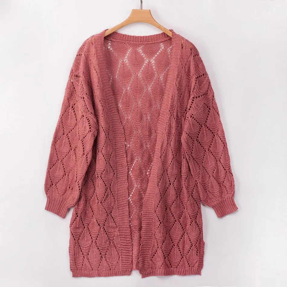Dark pink Осенний Женский Повседневный Кардиган с длинным рукавом, Ажурные вязаные пальто, длинные кардиганы с v-образным вырезом - Цвет: Dark pink